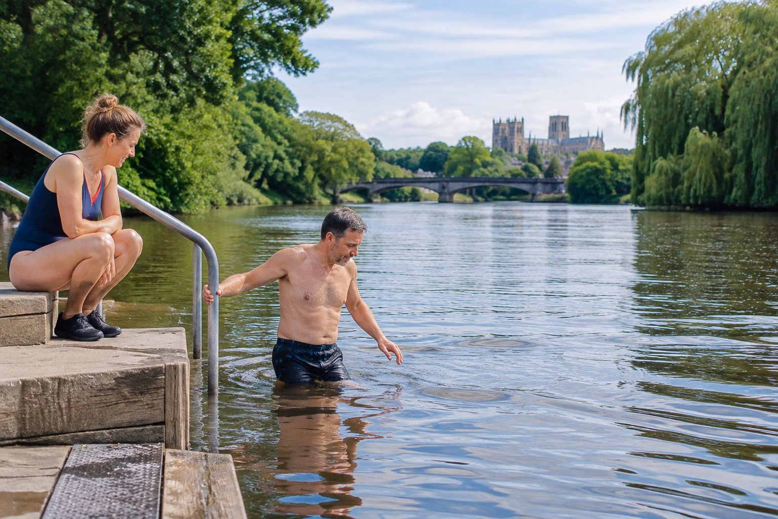 A swimmer enters a calm river near York while a companion waits on the bank.