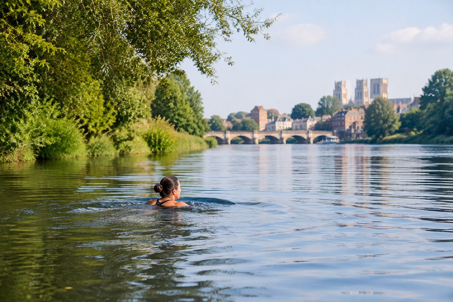 A swimmer in the River Ouse near a leafy riverbank in York.